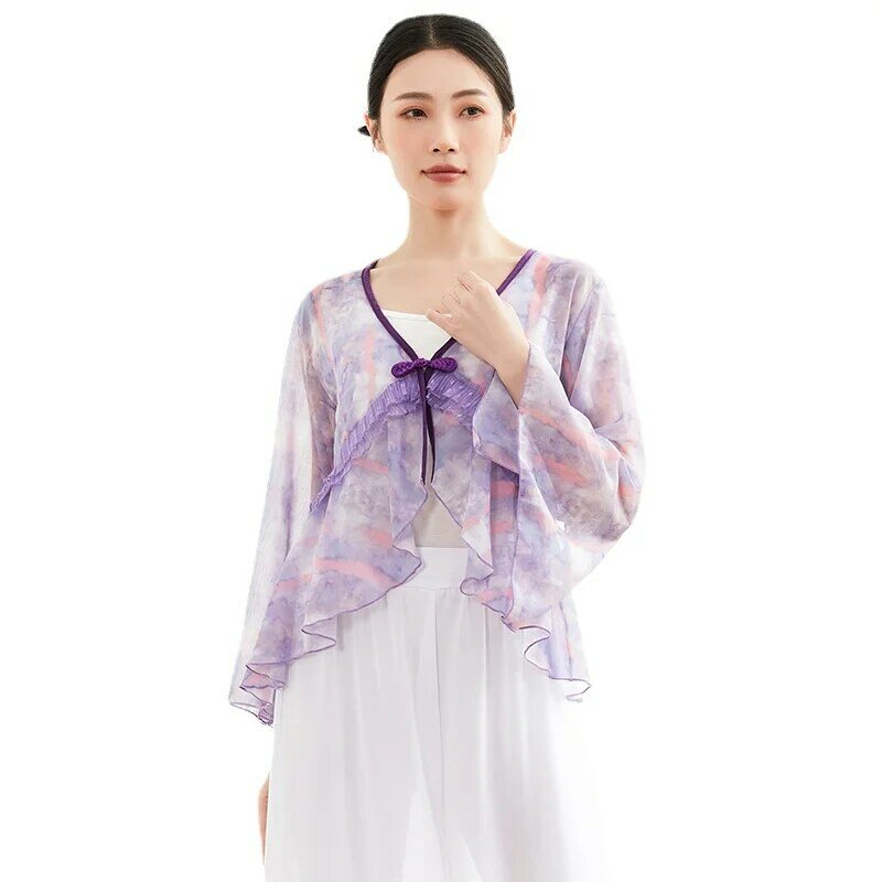 Nuovi vestiti di danza classica donna garza Stage Practice Shirt Cardigan di danza popolare cinese con scollo a V manica svasata Top antico