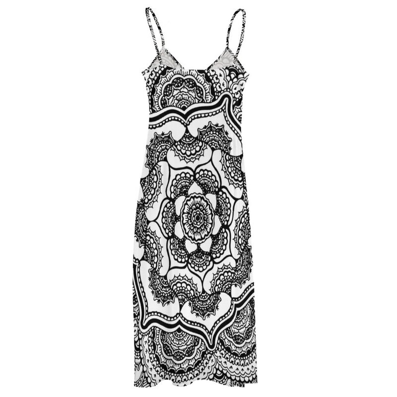 Vestido de fadas abstrato sem mangas feminino, lótus, preto e branco, tendência de vestuário feminino, vestido de noite, 2023