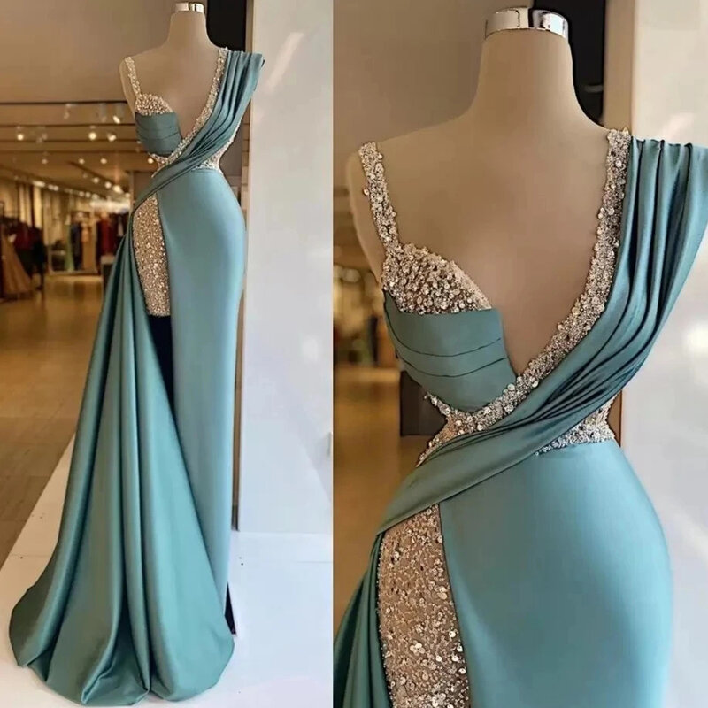 Seksowne eleganckie luksusowe, głębokie dekolt w serek bez rękawów błyszczące koraliki z odkrytymi ramionami wieczorowe sukienki dla kobiet sukienki w jednolitym kolorze mody