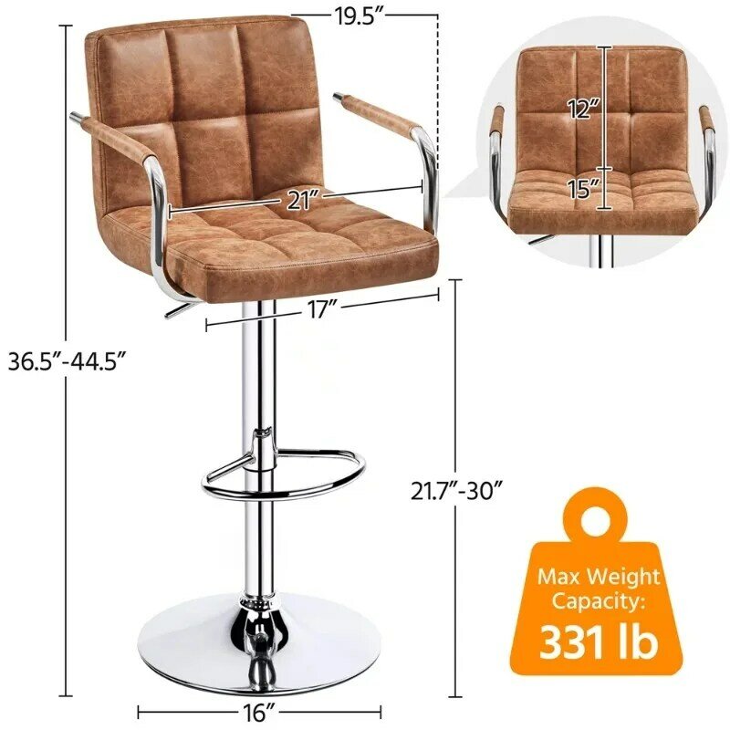 SMILE MART 2PCS PU Leather Swivel Bar Stools with Backrests Footrest for Kitchen Dining Room, Retro Brown