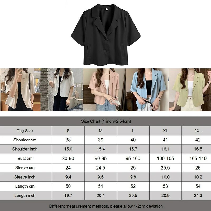 Blazers de peito único feminino, blazers de elasticidade média, mangas curtas poliéster, monocromático, moda verão, novo estilo