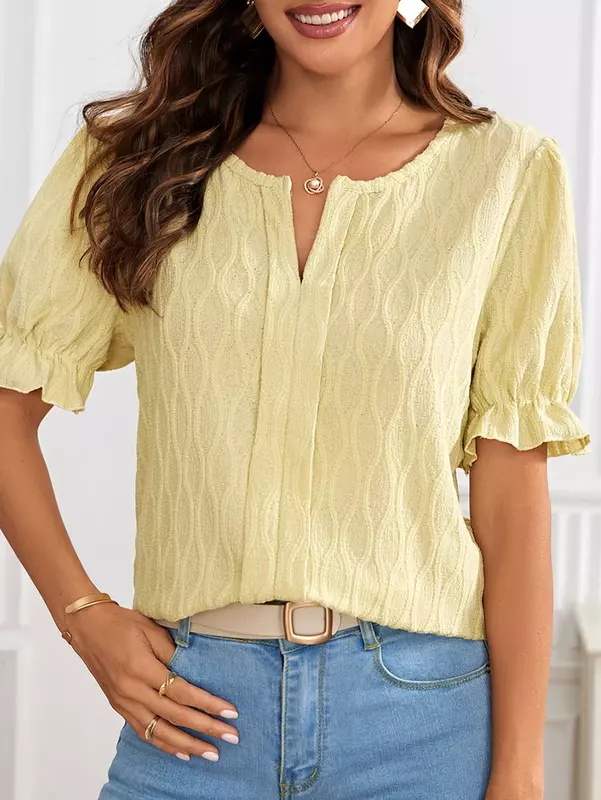 2024 Spring/Summer New V-neck T-shirt Bubble Sleeve Jacquard Women's Casual Loose Short sleeved Women's