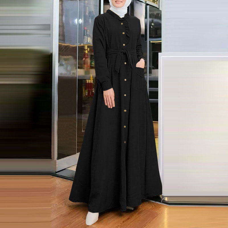 Women's Muslim Style Arabic Robe Elegant Long Sleeved Solid Lace Standing Collar Female Clothing Fashionable Lace-up Waist Dress
