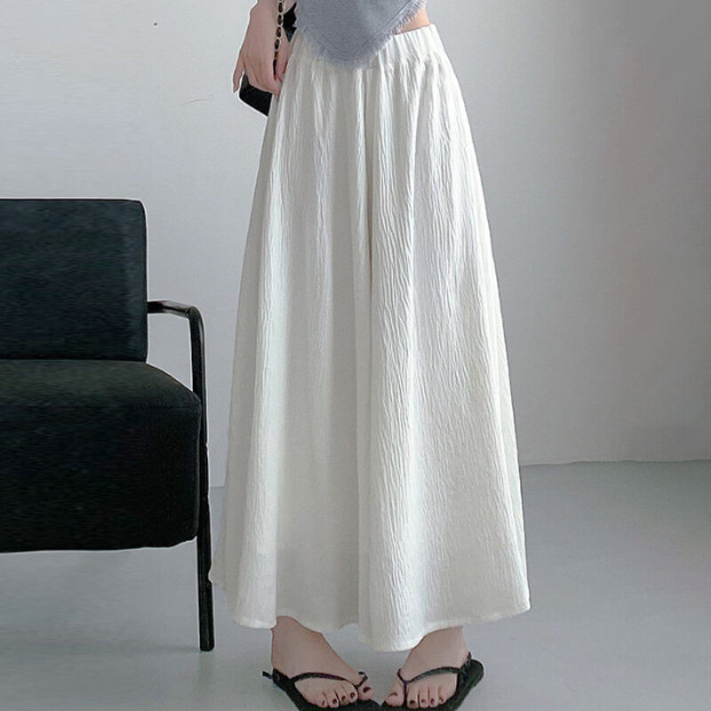 1pc Loose Skirt Type Women Wide Leg Pants Solid Color Thin Simulated Chiffon Summer Trousers Summer Pleated Sagging Pantskirt