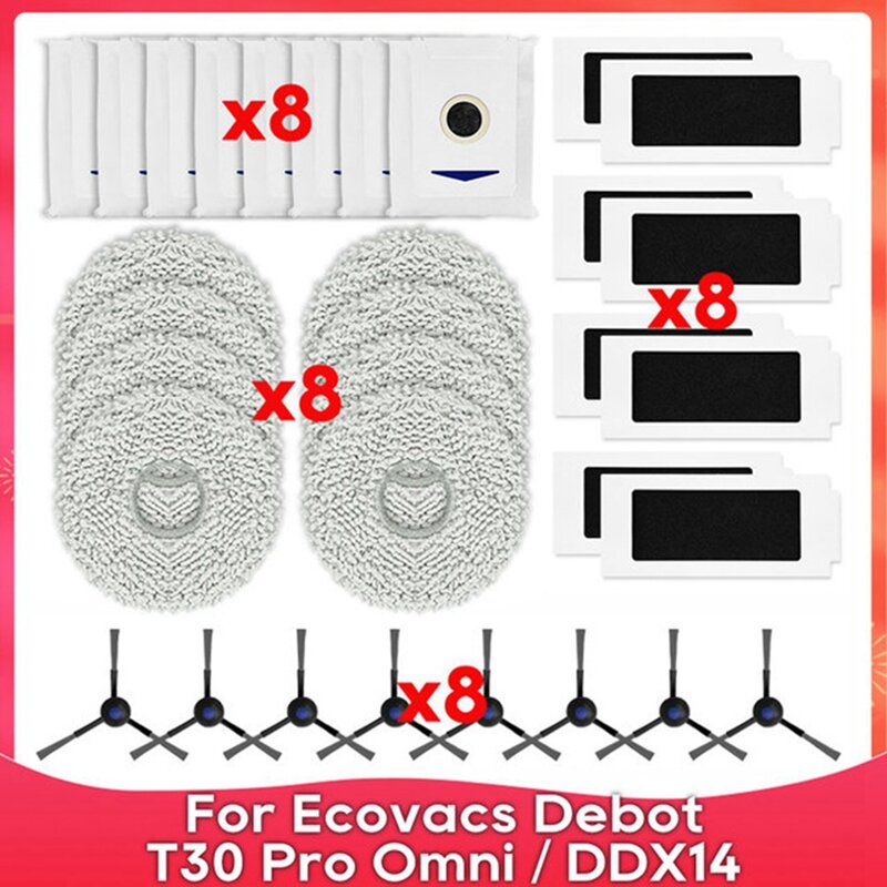 32PCS Replacement Parts for Ecovacs Deebot T30 Pro Omni / DDX14 / T30 MAX Vacuum Side Brush Hepa Filter Mop Rag Dust Bag