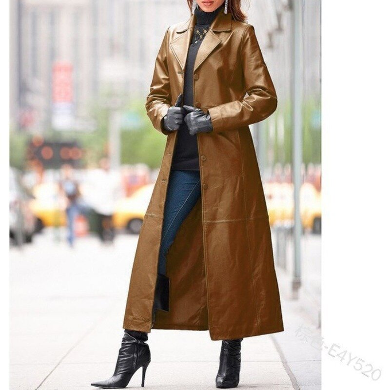 Mantel wanita kulit kancing Wepbel mantel panjang mantel panjang wanita jaket PU mantel tahan lama Slim Fit mantel angin kulit