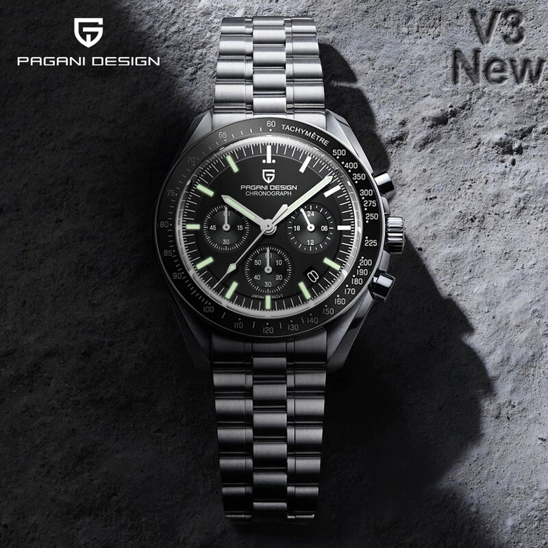 ページニデザインメンズクォーツ腕時計、クロノグラフ、サファイア、ベゼル、発光、高級、防水、新品、2023