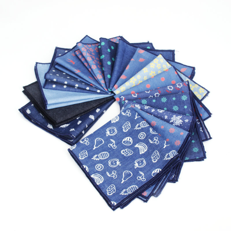 Solid Color Denim Cotton Handkerchiefs Navy Flower Dot Print Pocket Square Mens Casual Pockets Handkerchief Towels Wedding Hanky