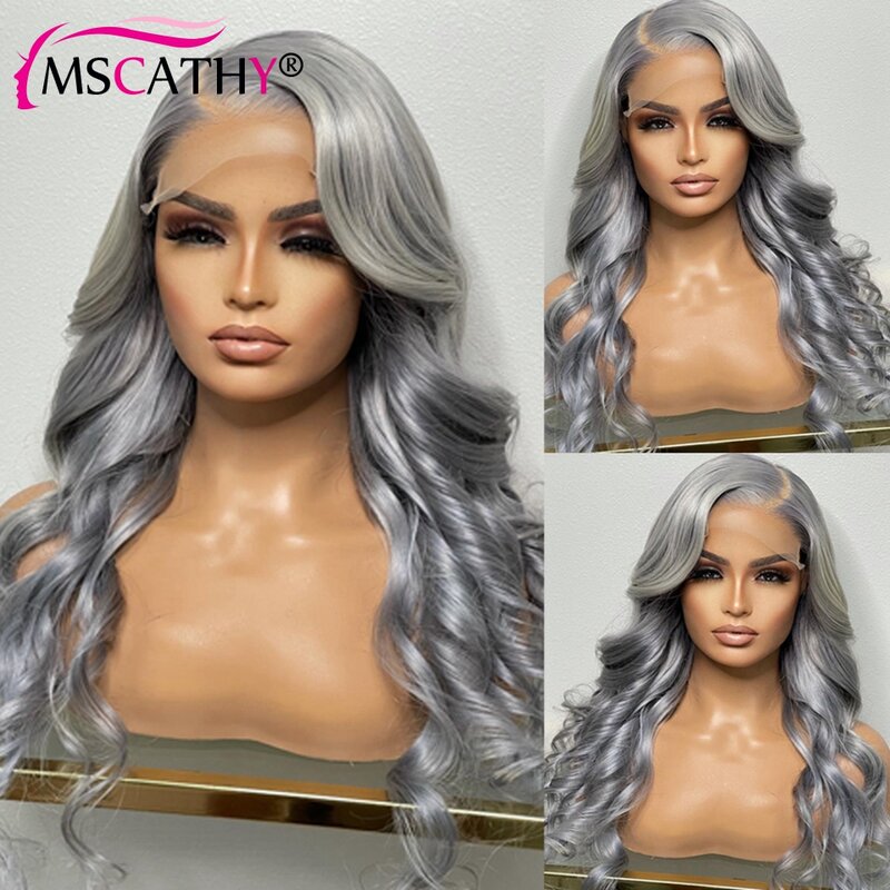 Peluca de cabello humano virgen brasileño para mujer, postizo de encaje frontal transparente HD, 13x4, color gris plateado