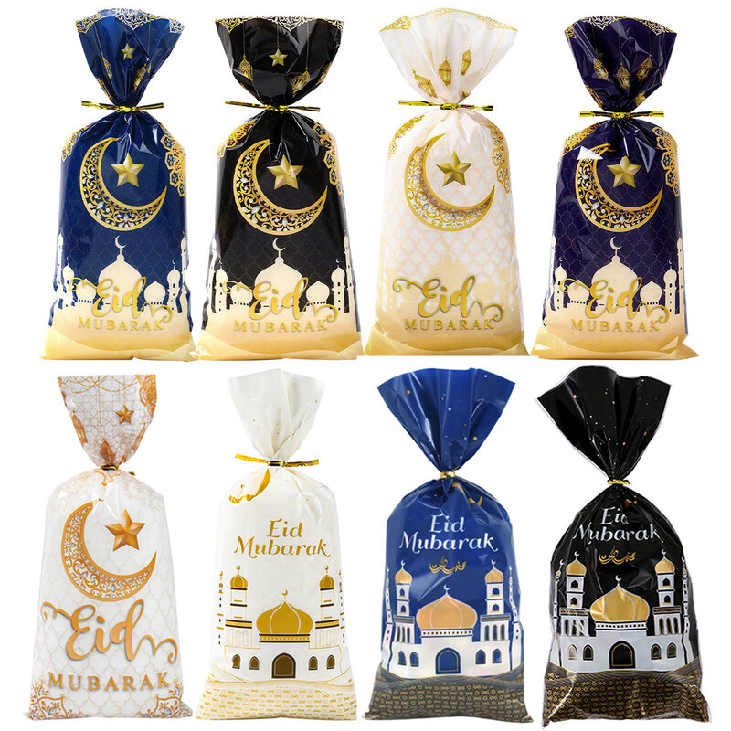 25/50/100pcs Eid Mubarak sacchetti di imballaggio regalo sacchetti di caramelle per biscotti in plastica Kareem Ramadan Decor 2024 forniture per feste musulmane islamiche