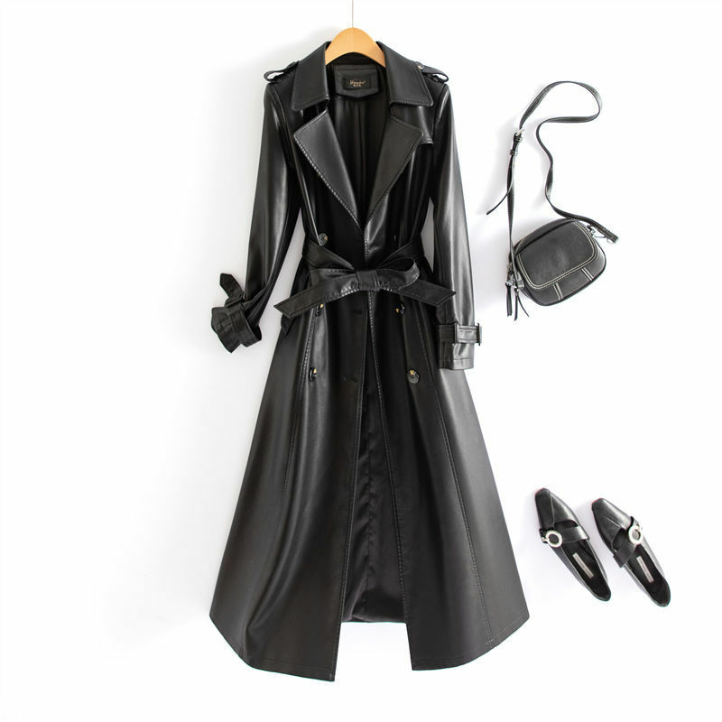 2023 Winter New Women High-End Slim-Fit Leather Coat Female Temperament Long Sheepskin Trench Outcoat Casual Versatile Outerwear