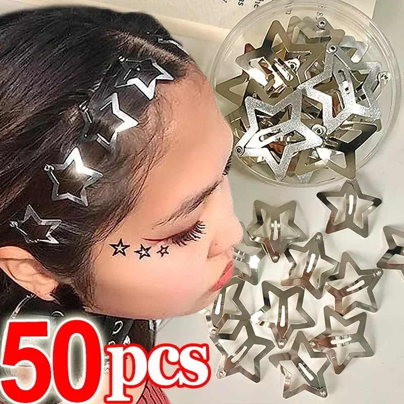Silver Star Hair Clips para Meninas, Filigrana Hairpins, Metal Snap Clip, presilhas, Nickle Free Bobby Pin, Jóias Y2K, 2 Pcs, 50Pcs