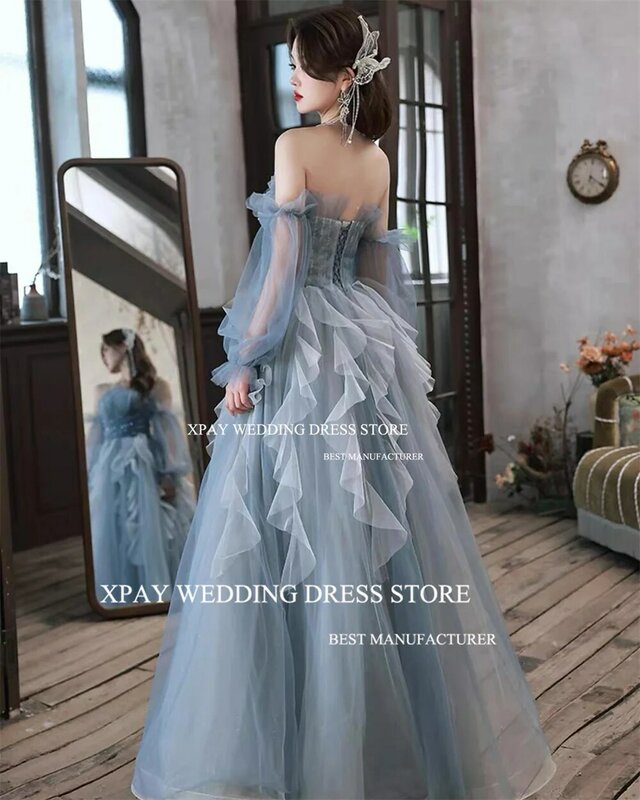 XPAY Dusty Grey Ruffles Korea Evening Dress Photo Shoot Tiered Fairy Tulle Prom Gown Sage Green Birthday Special Occasion Dress