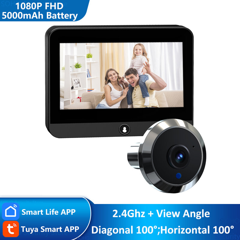 Mini 1080P Tuya Smart Life Home Digital Campainha Visualizador Olho Mágico Câmera de Porta Olho WiFi IR Visão Noturna com Monitor de 4,3 Polegadas