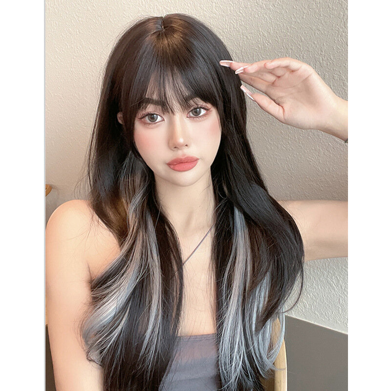 Women's wig 26 inches long brown blonde air bangs long straight natural charming wig water ripple curly hair wavy glue-free wig