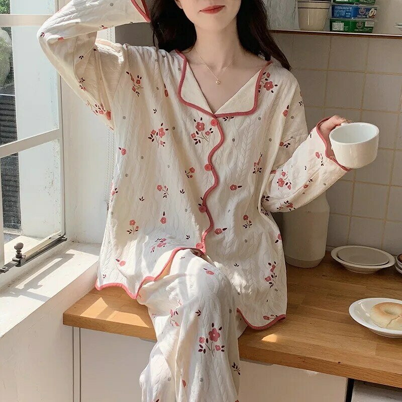 Autumn Pajamas Set Long Sleeve Blouse Trouser 2 PCS Home Wear Sweet Print Korean Fashion Sleepwear Women's Nightwear for Sleep