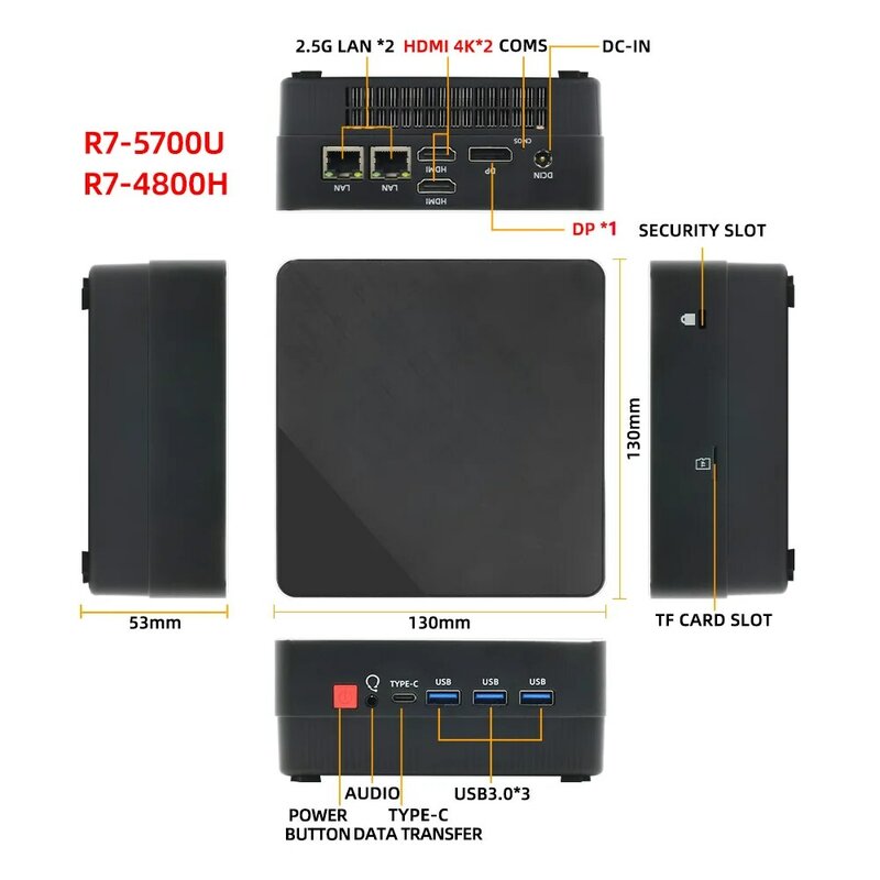 TexHoo Four Display Mini PC AMD RYZEN 7 5700U 5500U Pocket Dual DP HD-MI LAN Type-C WIFI6 DDR4 16GB 1TB NVMe Mini Computer