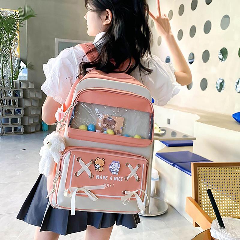 Backpack Set For Girls 5 PieceAesthetic School Backpack With Pins And Plush Pendants Large Capacity Waterproof Cute For Short