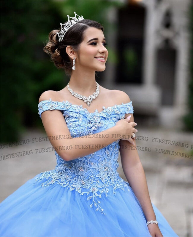 Fanshao Delicate Rhinestones Quinceanera Dresses Appliques Ball Gown Off The Shoulder Tulle Pleat Vestidos De Baile Customised