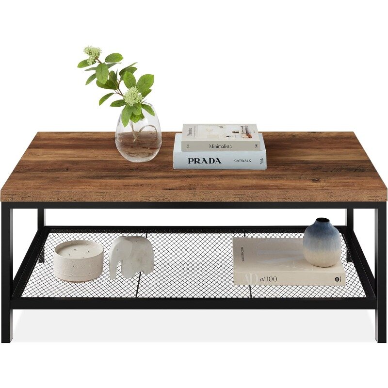 Tavolino da caffè moderno 44in, tavolino da caffè rettangolare industriale grande a 2 livelli con piano in venature del legno, mobili con accento