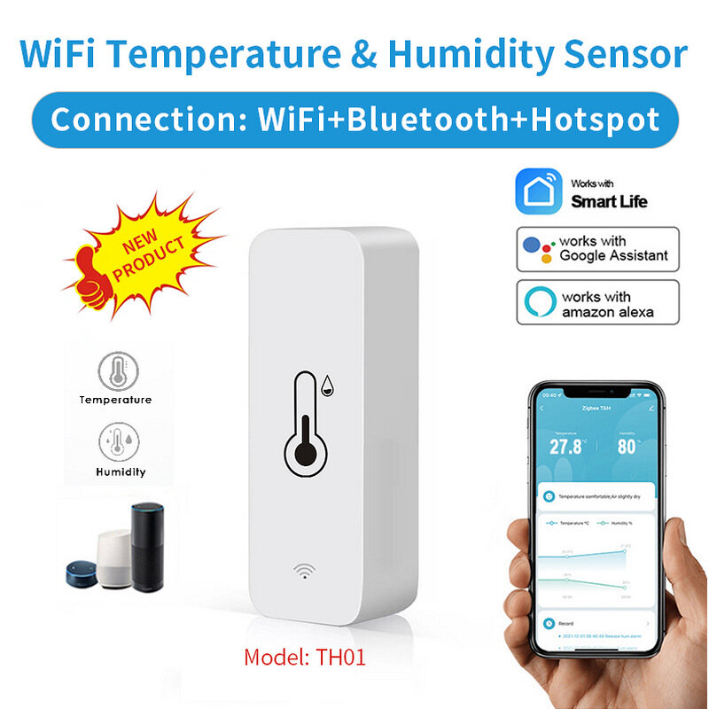 Sensor inteligente de temperatura y humedad para interiores, higrómetro inalámbrico con WIFI, termómetro, compatible con asistente de Google, Tuya