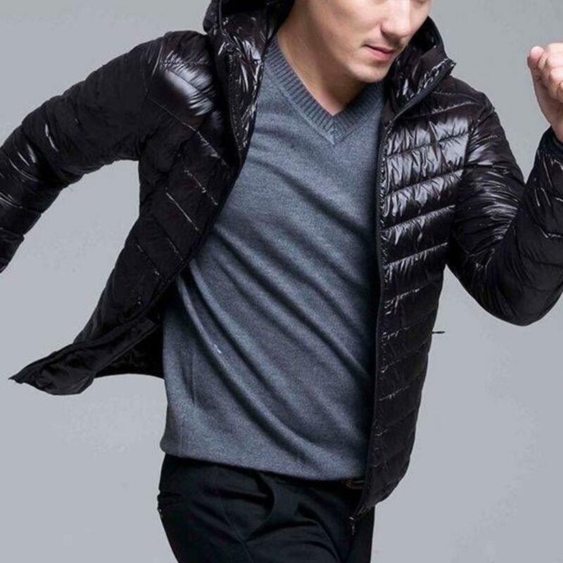 Jaqueta leve acolchoada masculina, casaco monocromático, gola alta, com zíper, design acolchoado, outwear para outono e inverno