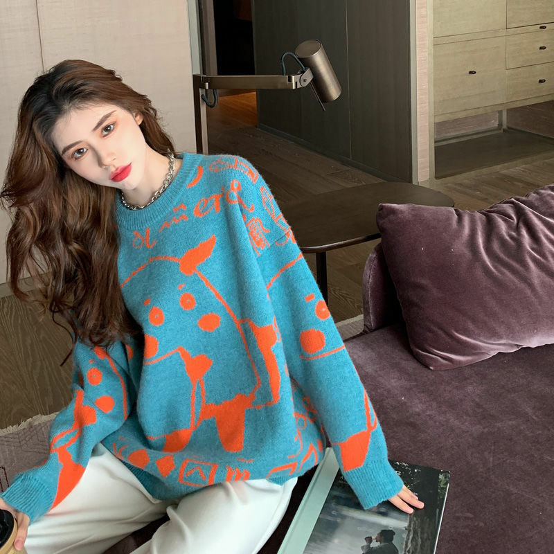 Sweter Pola Kartun Longgar Pullover Musim Gugur dan Musim Dingin Versi Korea Leher Bulat Lengan Panjang Atasan Rajut Semua Cocok Wanita