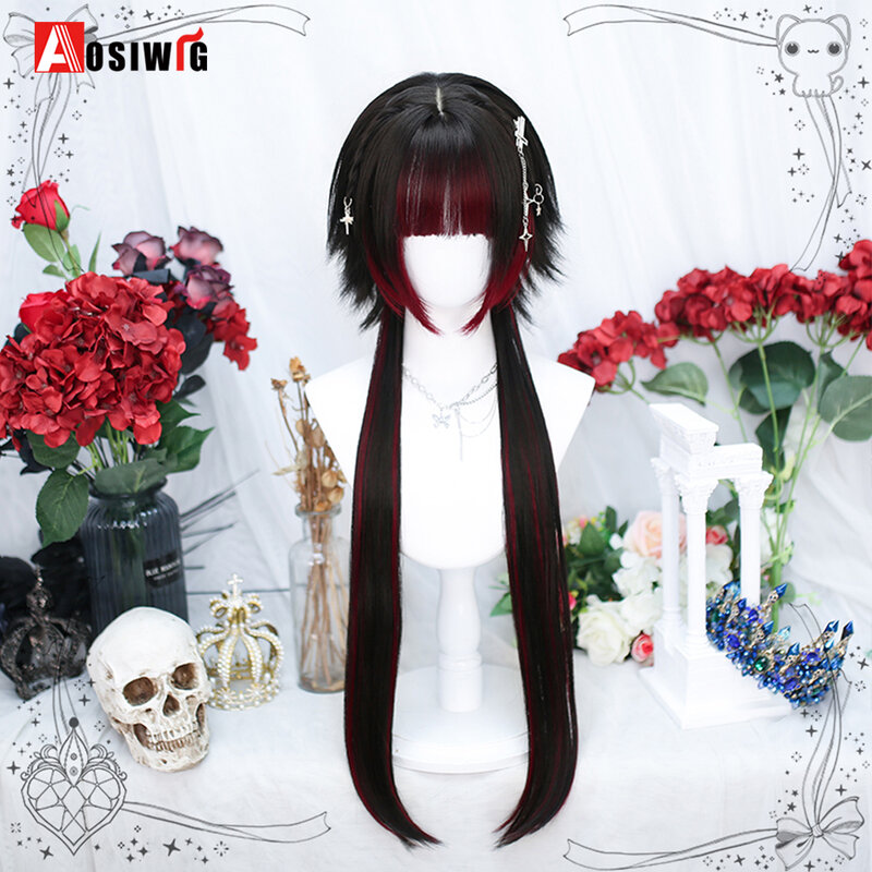 AOSIWIG Y2k синтетический длинный прямой парик Лолита Харадзюку с челкой черный синий ежедневный Косплей искусственные волосы