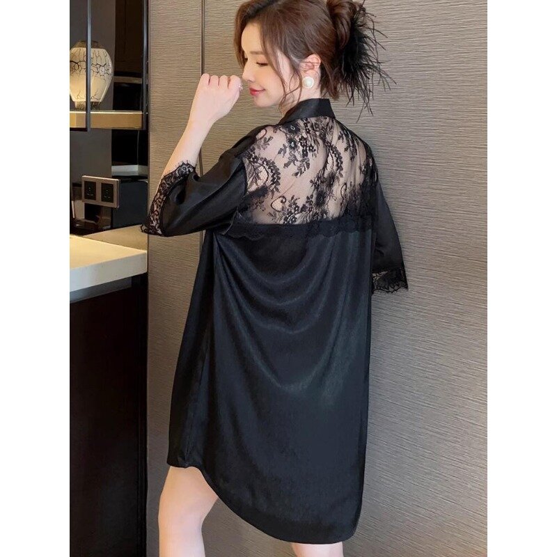 Oversized Women's New Thin Robes Spring Lace Shirt Pajama Dress Sexy Ice Silk Home Clothing Half Sleeve Hollowing Out Sleepwear