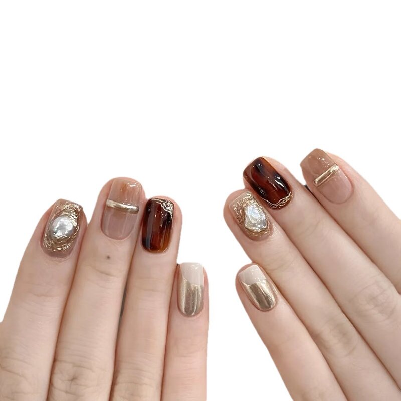 Bursztynowy kolor ręcznie robione paznokcie na pełnym pokryciu Manicuree Leopard sztuczne paznokcie do noszenia sztuczne z zestawem narzędzi