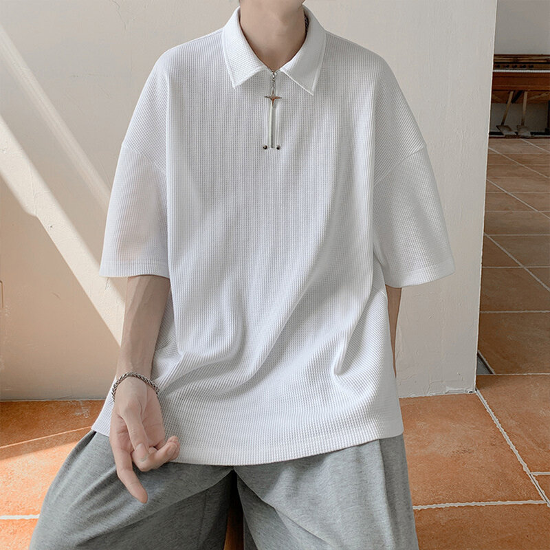 Camiseta confortável masculina de manga curta, top masculino, streetwear dançante diário, com zíper básico respirável, estilo preguiçoso, moda verão