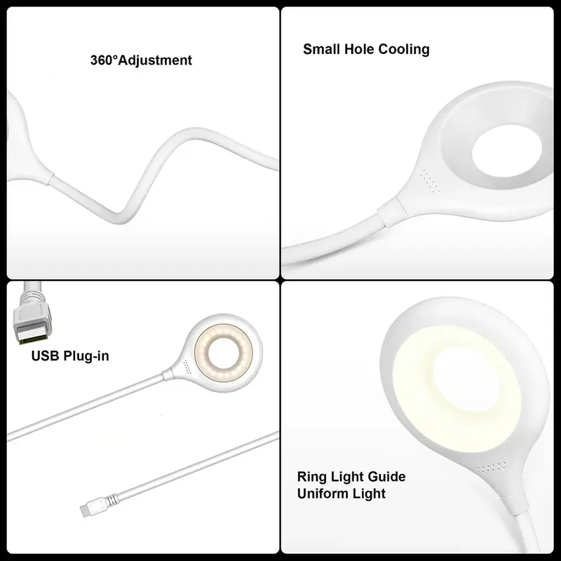 Portátil USB Flexível LED Desk Lamp, Estudo de Leitura Livro Luzes, PC Laptop Ring, Eye Care Light, Candeeiros de mesa, DC 5V