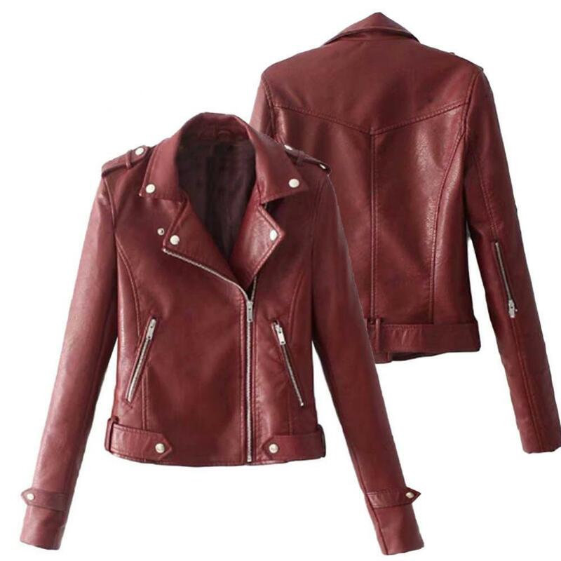 Jacket Long Sleeve Coat Solid Color Women Lapel Faux Leather Motorcycle Zip Up Coat
