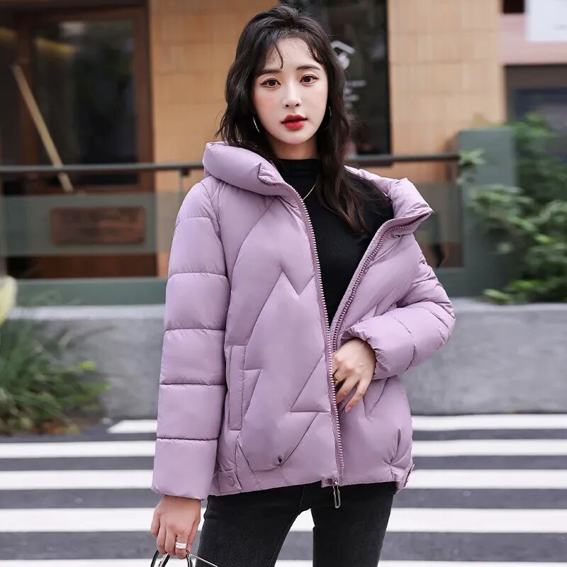 2023 Short Hooded Coat Thick Warm Winter Jacket Women Down Cotton Coat Casual Loose Parkas Oversize Outerwear Fmeale Solid Parka