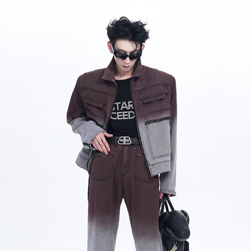 FEWQ 남성용 캐주얼 멀티 포켓 재킷, 턴다운 칼라 데님 탑, 하이 스트리트 타이 염색 대비 색상, 24x9092, 여름 신상
