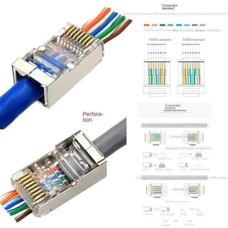 Conector de cabeza de cable Ethernet modular, conector de red de prensado chapado en oro, Cat6, RJ45, perforado, 8P8C, blindado, 100 piezas