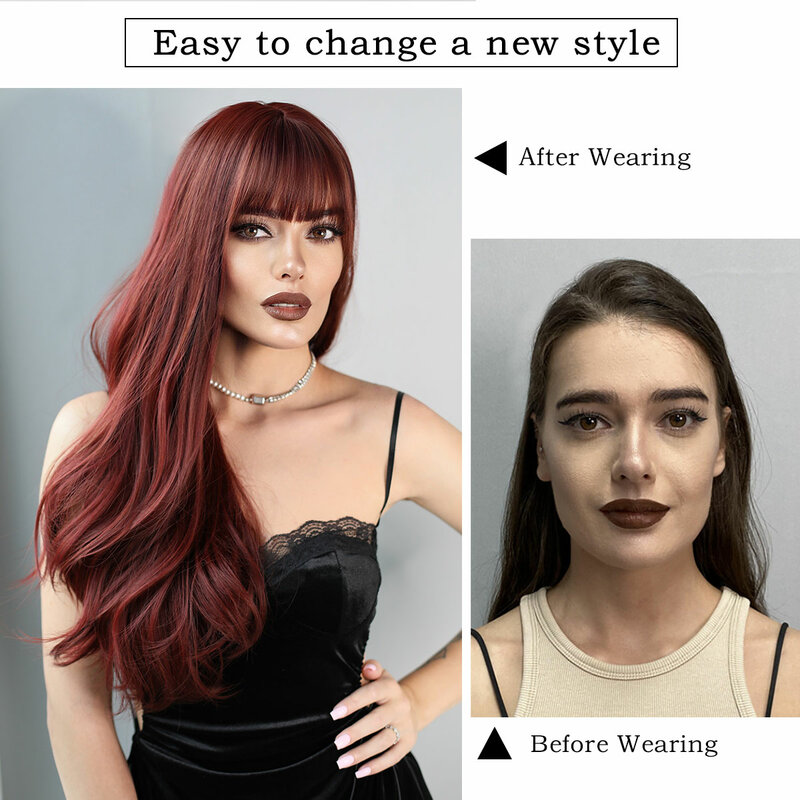 7jhh perucas-peruca sintética ondulada com franja para as mulheres, cabelos longos encaracolados, natural e vermelho escuro, uso diário, festa e cosplay