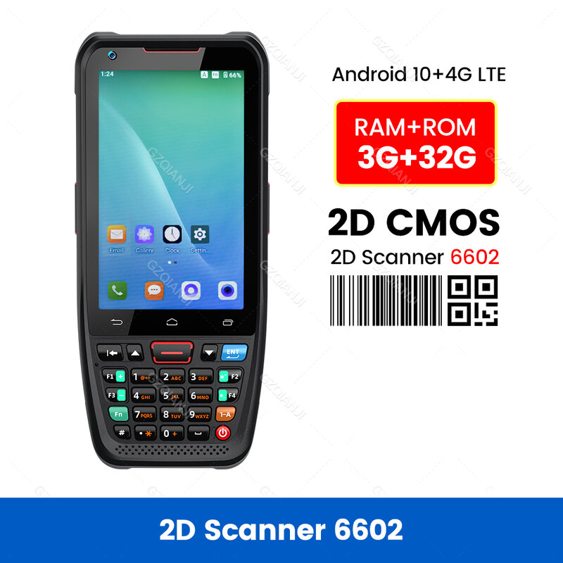 Android 10 Terminal PDA robusto portátil, 1D, 2D Barcode Scanner, leitor, suporte, GPS, Wi-Fi, Bluetooth, Play Store, RAM3G, ROM32G, 4G