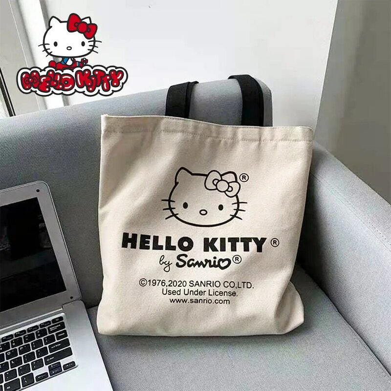 Hello Kitty Sanrio Canvas Shoulder Bag Fashion Tote High Capacity Casual Print Anime Handbag Ladies Reusable Shopper Tote Bag