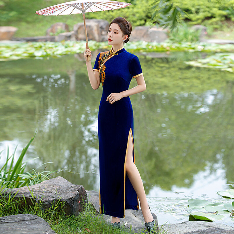 Qipao gaun pesta malam tradisional wanita, Dress Vintage gaya China Cheongsam, Velour elegan ukuran besar 5XL