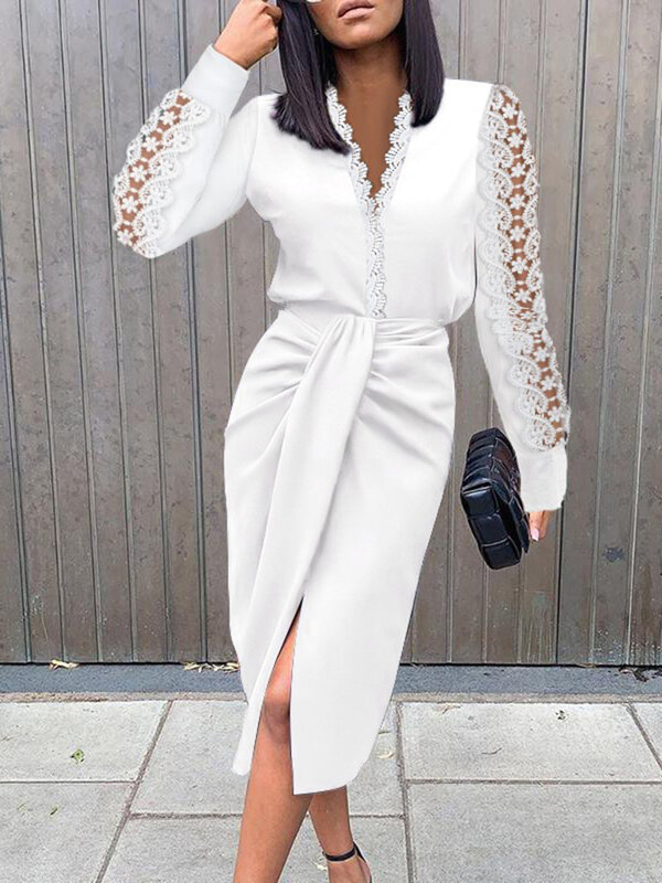 summer Fashion White Lace Dress Sets for Women Casual Office Ladies Midi Outfits 2022 Spring Long Sleeve Woman Sexy Split Suits