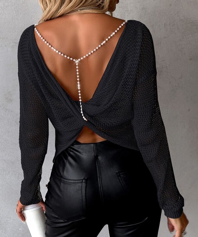 Women's Top Pullover 2023 New Hot Selling Fashion Long Sleeve Loose Pearl Strap Backless Twisted Knitted Hollow Sweater
