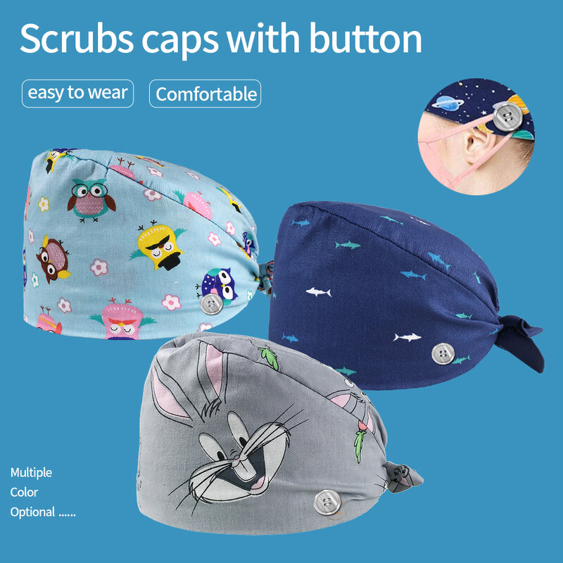 Unisex Health Scrubs Hats Cotton Cartoon Print Adjustable Scrub Hat Beauty Salon Frosted Cap Laboratory Pet Clinic Surgery Caps