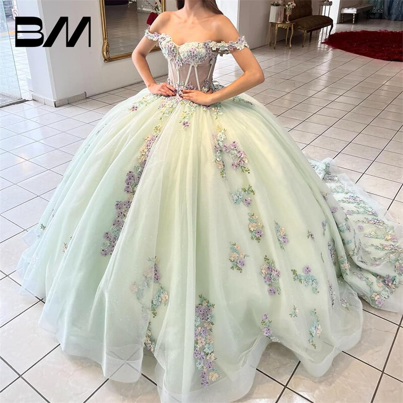 반짝이는 레이스 진주 성인식 드레스, 푹신한 구슬 장식, 달콤한 16 볼 가운, 얇은 명주 그물 3D 꽃무늬 오프 숄더 무도회 가운