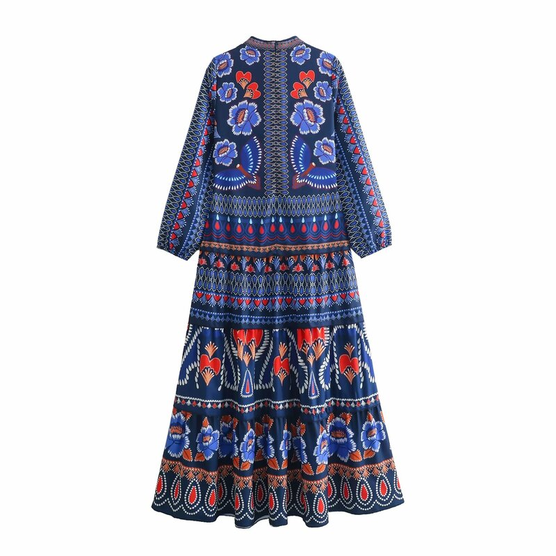 여성용 꽃 프린트 미디 원피스 빈티지 긴팔 탄성 여성 드레스 가운, 세련된 패션, 2024 신상