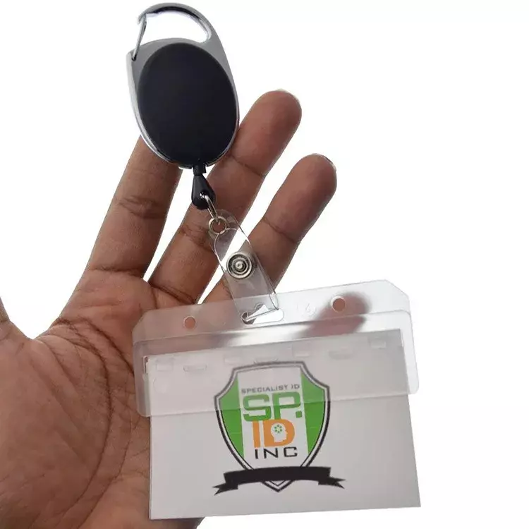 Porte-badge demi-carte horizontal, pour cartes d'identité glissantes, plastique polycarbonate rigide conviviale ré, transparent avec badge rétractable