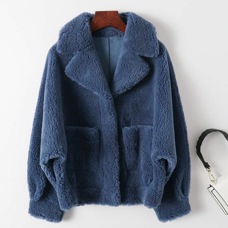 Mantel wol asli wanita T169, mantel bulu warna polos longgar tebal hangat kerah persegi musim dingin 2023