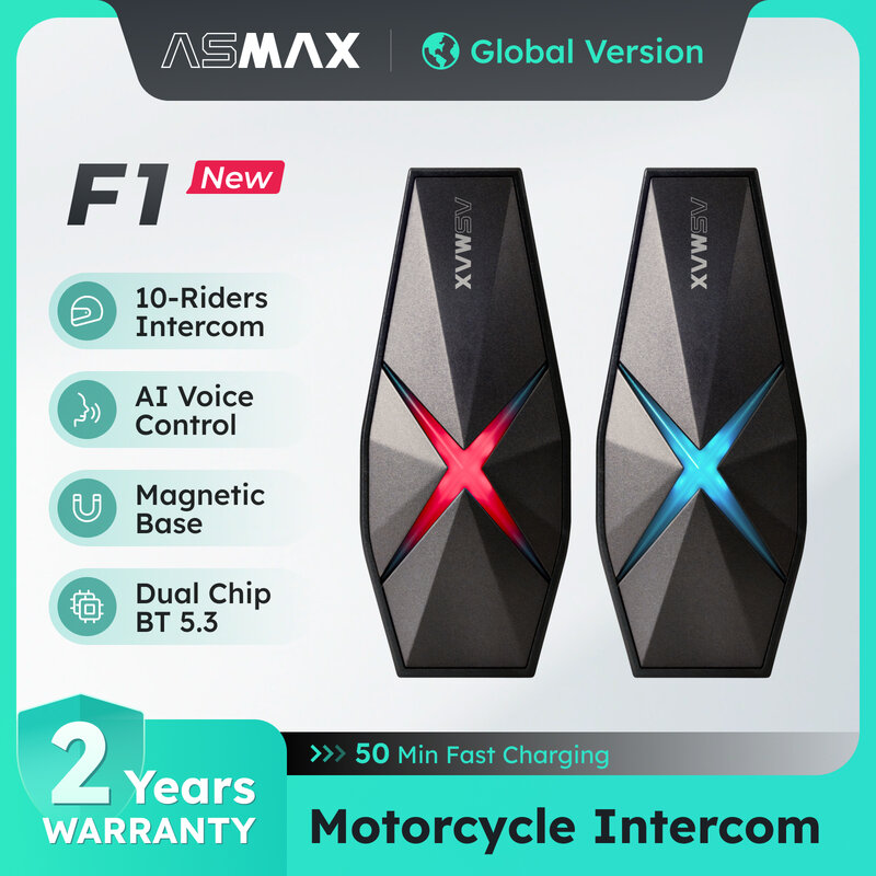 ASMAX F1 2 szt. Kask motocyklowy słuchawki siatka domofon dla 10 jeźdźców mówi, 5.3 Bluetooth i sterowanie głosowe AI i IP67 wodoodporna