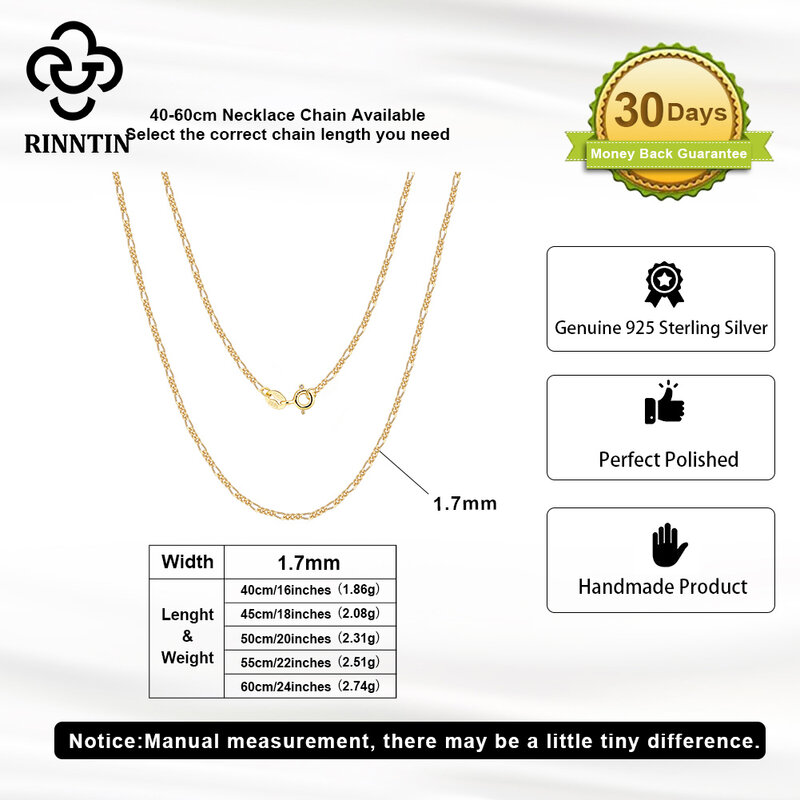 Rinntin-collar de plata de ley 1,7 Con corte de diamante, cadena de eslabones Figaro de 925mm, joyería delicada y sencilla para el cuello, SC27
