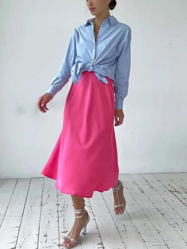 Elegant Women's Skirts High Waist Silk Satin A-line Skirt Lady Fashion Solid Color Purple Long Skirts for Women Fashion 2024